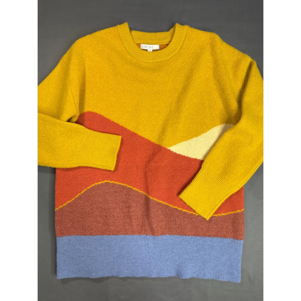 Pale Sky Womens Colorblock Landscape Crewneck Sweater Mustard Yellow Size Small